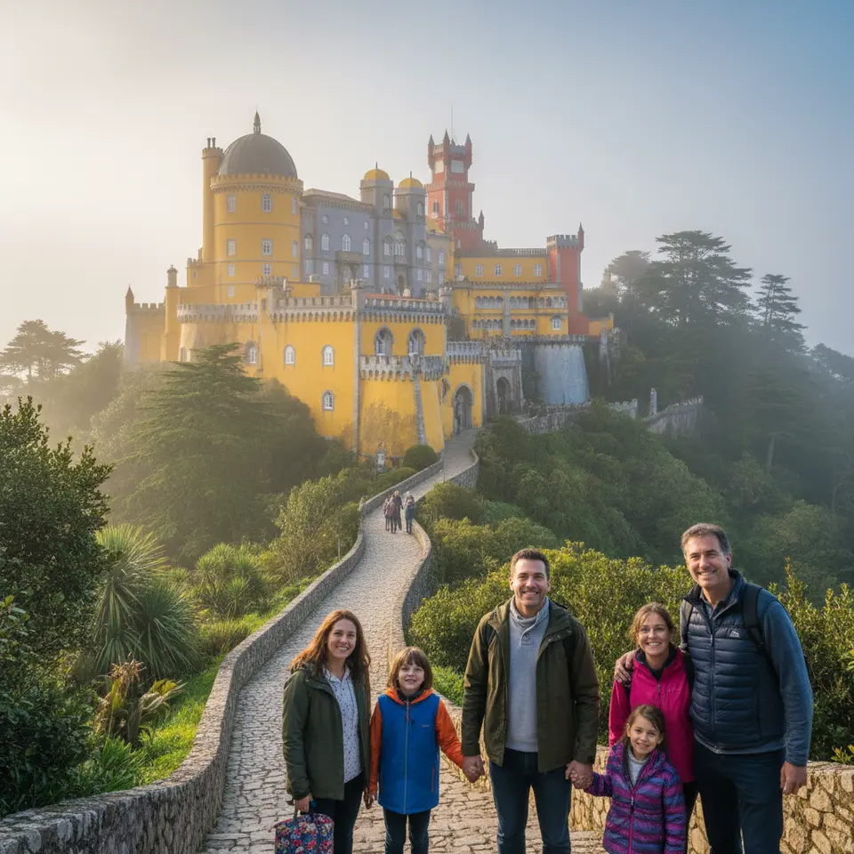 Fairytale scene of Sintra’s Pena Palace perched atop a mist-shrouded forested hill: vibrant saffron yellow and pastel red turrets with ornate Manueline and Moorish architectural details, winding stone pathways leading through lush evergreen trees under a soft morning haze.