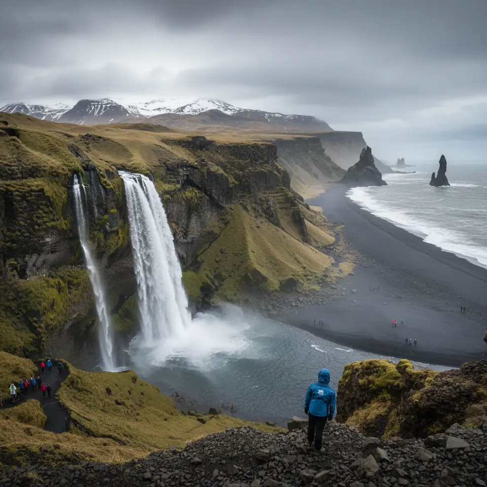 A dramatic South Coast landscape featuring the cascading Seljalandsfoss and hidden Gljúfrabúi waterfalls plunging alongside rugged cliffs, the black sand beach at Reynisfjara dotted with basalt sea stacks, and a distant glacier-capped mountain under a moody sky