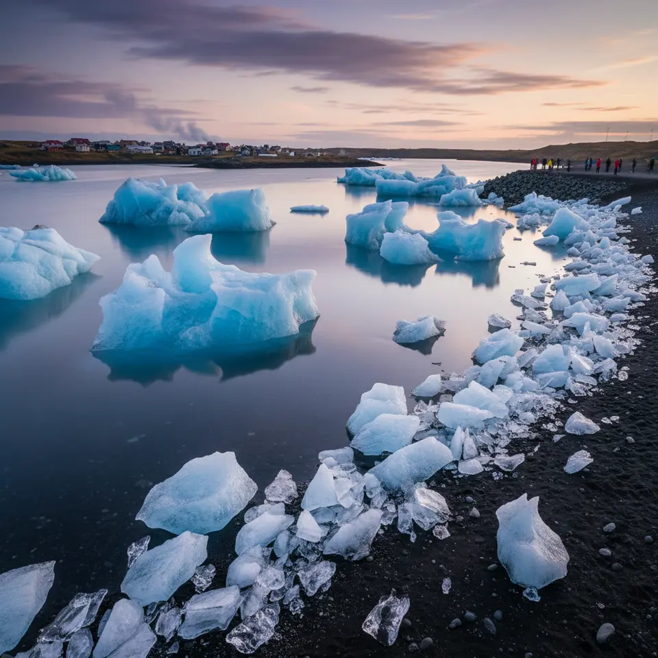 The serene Jökulsárlón Glacier Lagoon at dusk, with luminous blue icebergs drifting on mirror-like water, glistening ice fragments scattered across a black sand Diamond Beach, and quaint colorful fishing-village houses nestled along a winding fjord in the background