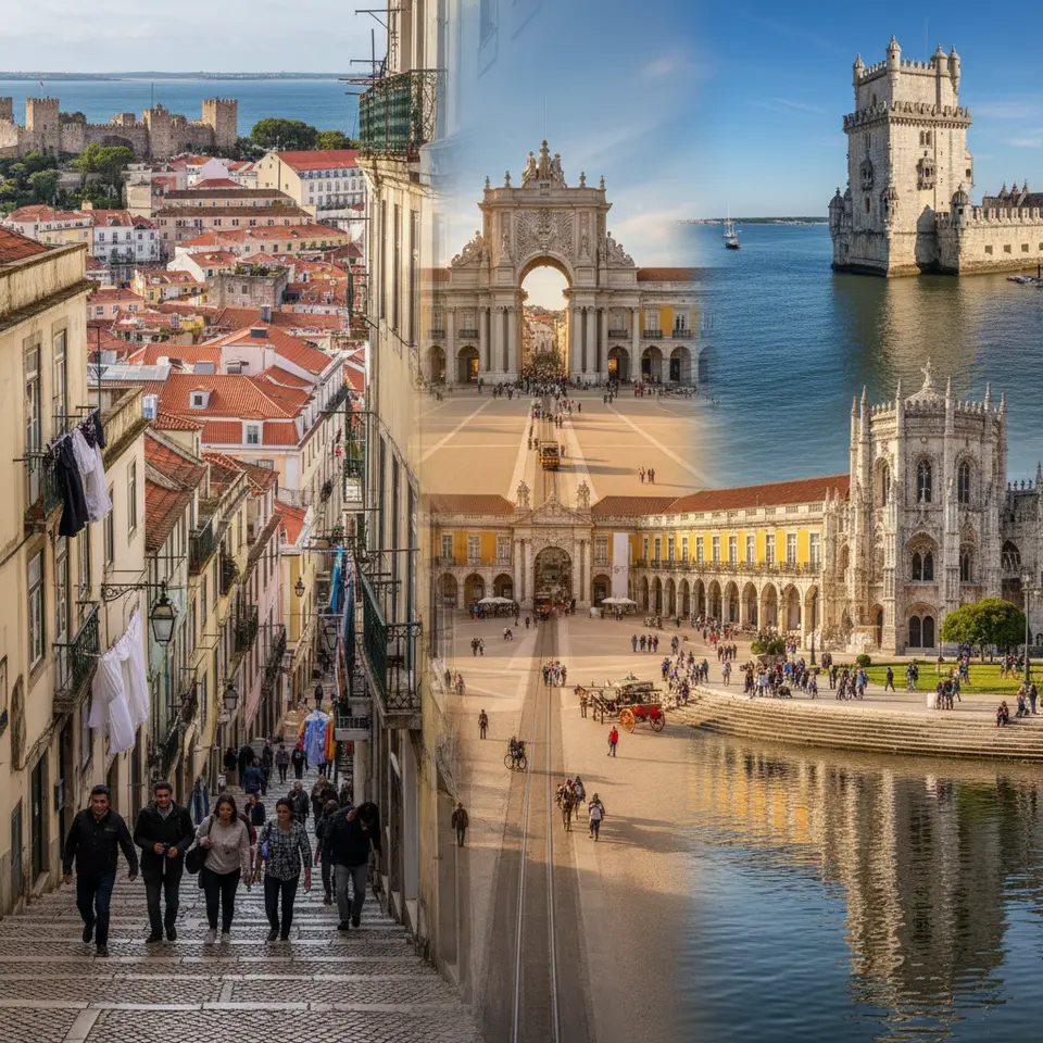 Historic Lisbon Montage: narrow, cobblestone alleys of Alfama with laundry-draped balconies winding up to São Jorge Castle high on a hill, terracotta rooftops unfolding toward the sparkling Tagus River; the grand open plaza of Praça do Comércio in Baixa framed by golden arcaded façades and the ornate Rua Augusta Arch; and the riverside charms of Belém with the intricate Manueline carvings of Jerónimos Monastery alongside the iconic Belém Tower rising from the water