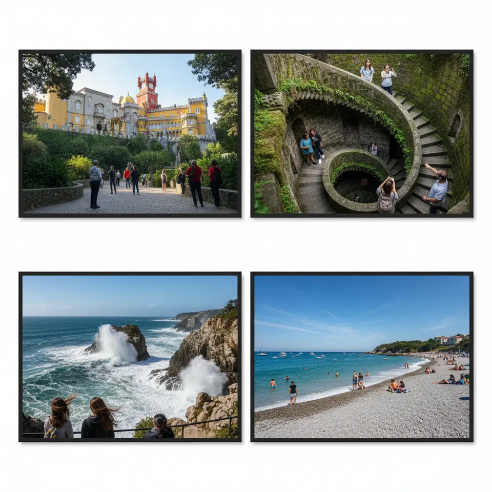 Sintra & Cascais Coastal Day Trip Collage: the fairytale Pena Palace with mustard-yellow walls and red-tiled roofs set against lush green gardens; Quinta da Regaleira’s mysterious Initiation Well spiraling down through mossy stone tunnels; dramatic Atlantic vistas at Boca do Inferno where waves crash into sea-carved cliffs; and the sheltered pebble beach of Cascais with turquoise waters under a bright sky