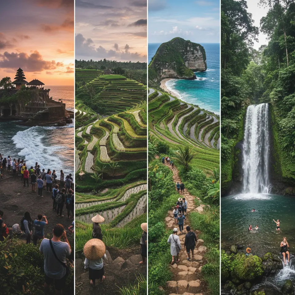 A vibrant montage of Bali’s must-see attractions: Tanah Lot temple perched on a rocky outcrop at sunset with waves crashing below; emerald-green Tegalalang rice terraces etched into rolling hills; the T-Rex–shaped cliff at Kelingking Beach overlooking turquoise waters; and a dramatic waterfall tumbling through lush jungle foliage