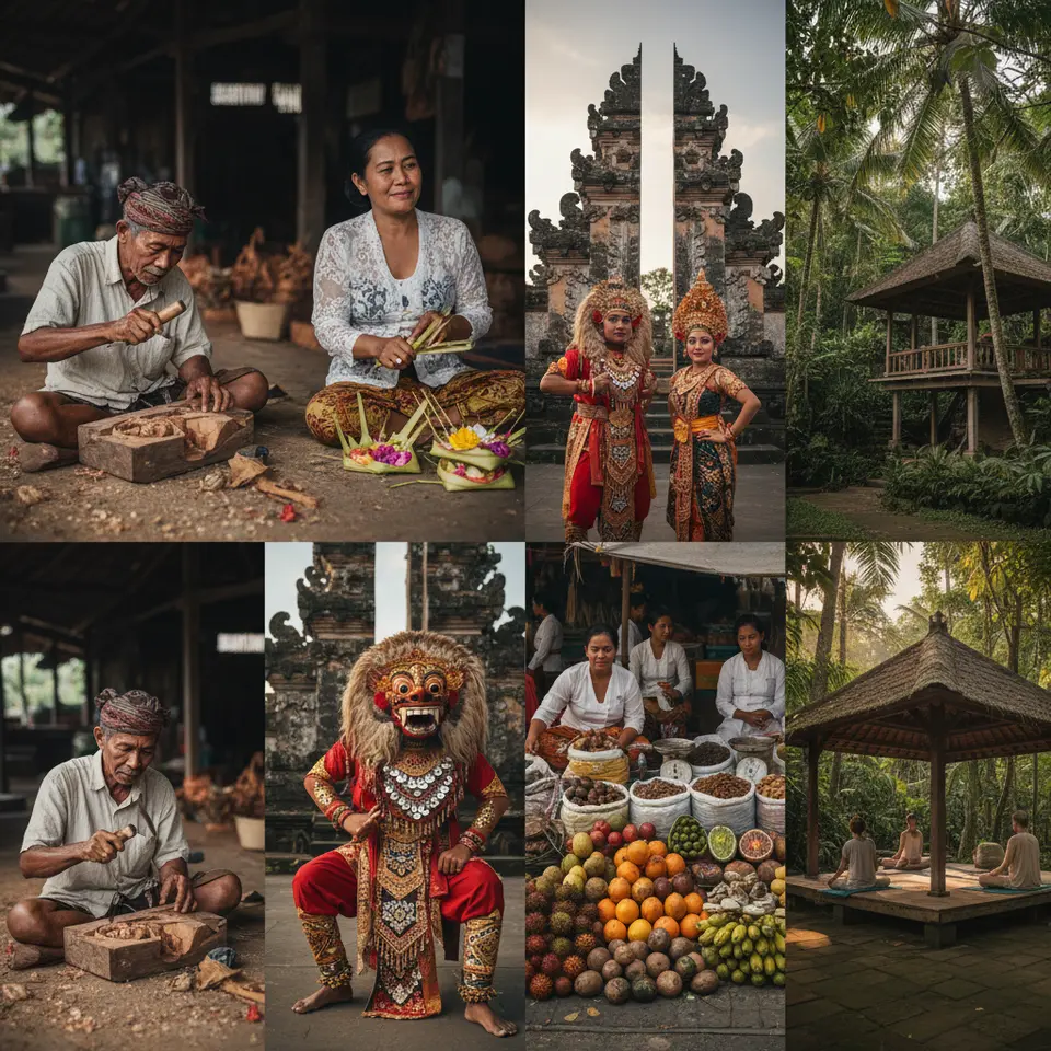 An immersive glimpse into Balinese culture: artisans crafting intricate wood carvings and weaving palm-leaf offerings (canang sari) at a village workshop; performers dressed in elaborate Barong and Legong dance costumes in front of an ornate temple gate; a bustling market stall laden with tropical fruits and spices; and a serene jungle yoga studio with practitioners meditating