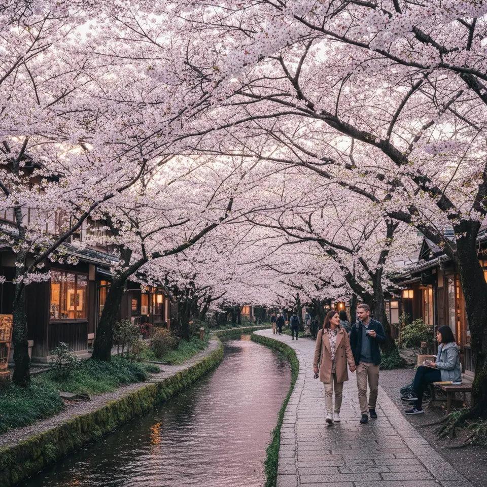 Philosopher’s Path, Kyoto – A quiet, stone‐paved canal walkway lined on both sides by hundreds of pale pink cherry trees in full bloom, with quaint tea houses and art galleries peeking through the petals and soft morning light filtering over the water.