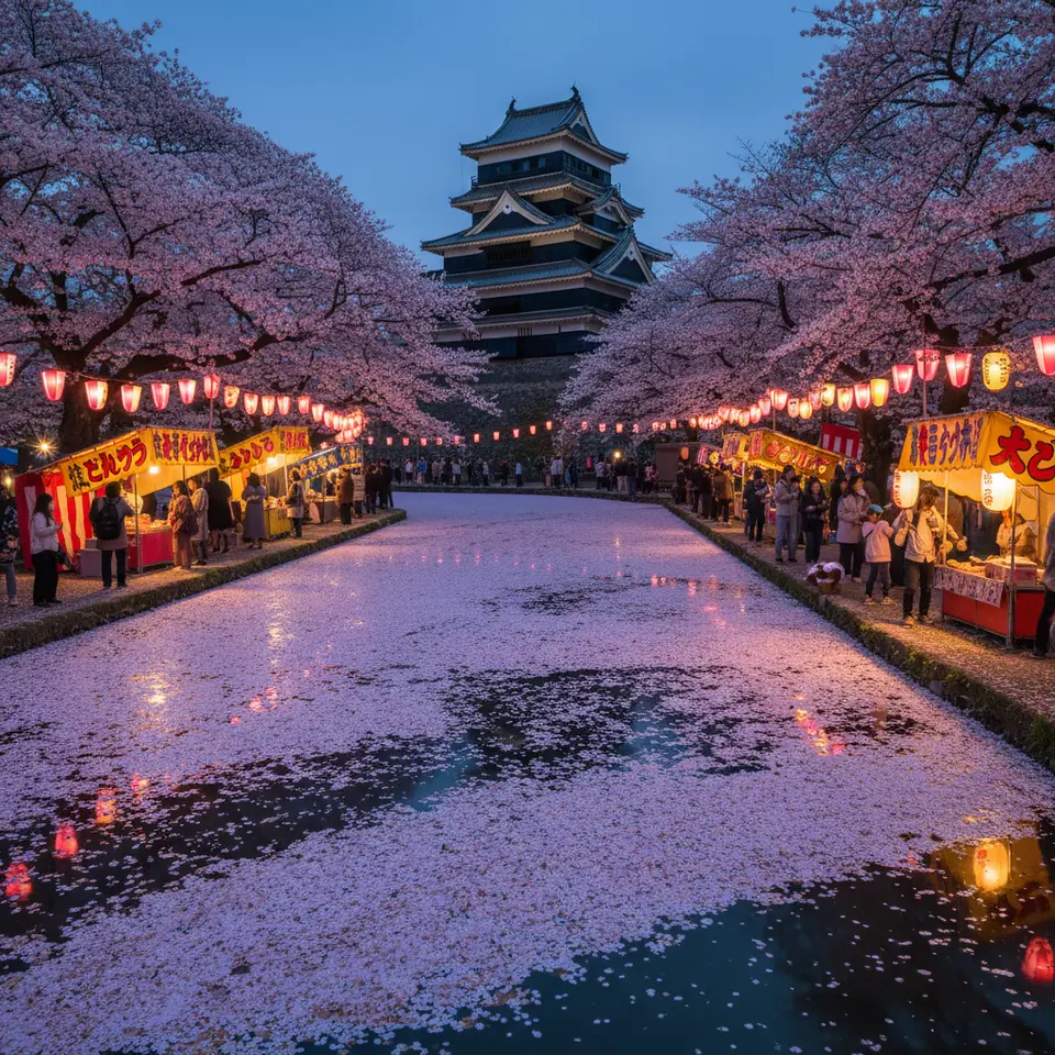 Hirosaki Castle, Aomori – The dark silhouette of a traditional Japanese castle rising above a moat blanketed in drifting cherry blossom petals, illuminated at dusk by hundreds of paper lanterns and framed by festival stalls and blooming sakura trees.