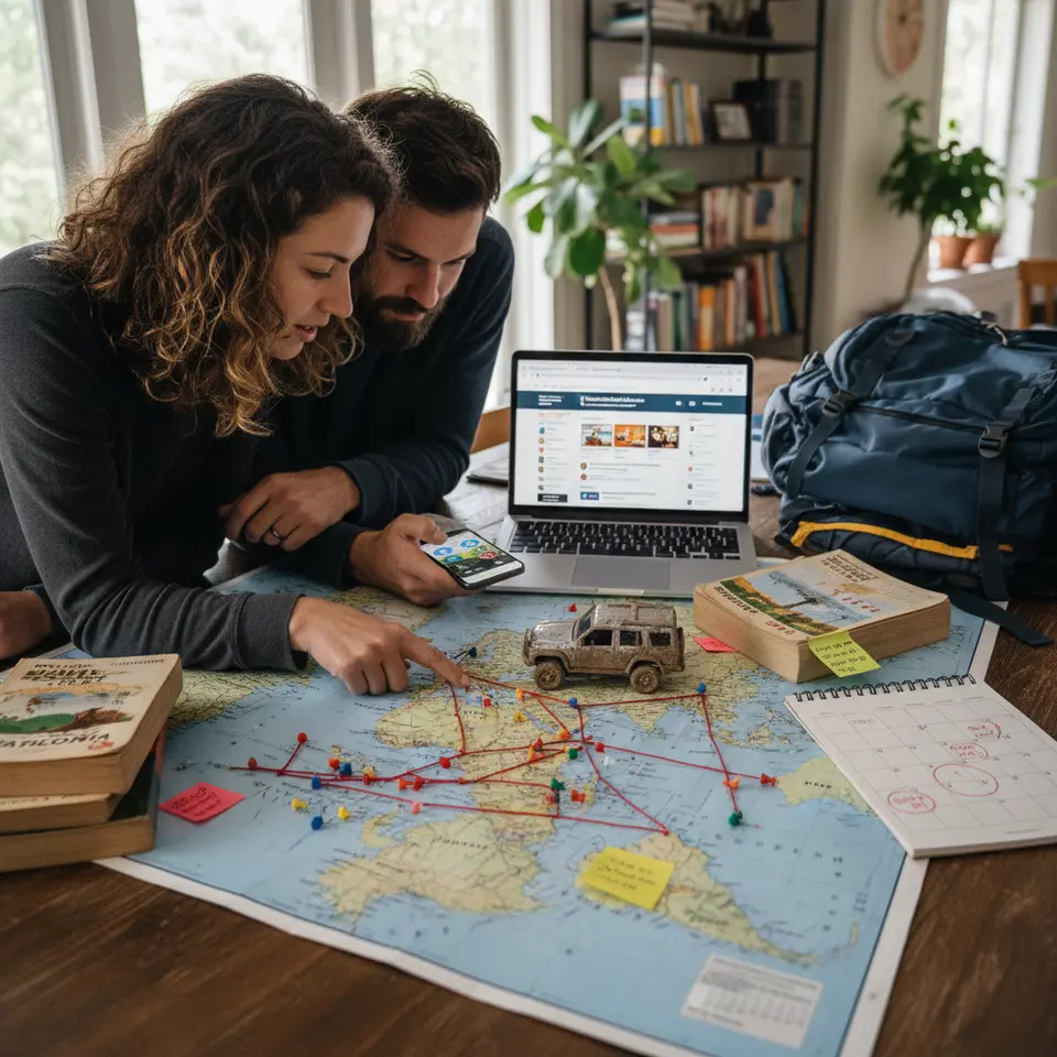 Planning your off-beaten-path adventure: a flat-lay or desk scene showing a world map with pinned routes, a 4×4 toy vehicle, a printed itinerary calendar with buffer days circled, open guidebooks and a laptop displaying UNESCO and CDC travel websites, plus a backpack and travel apps on a smartphone.