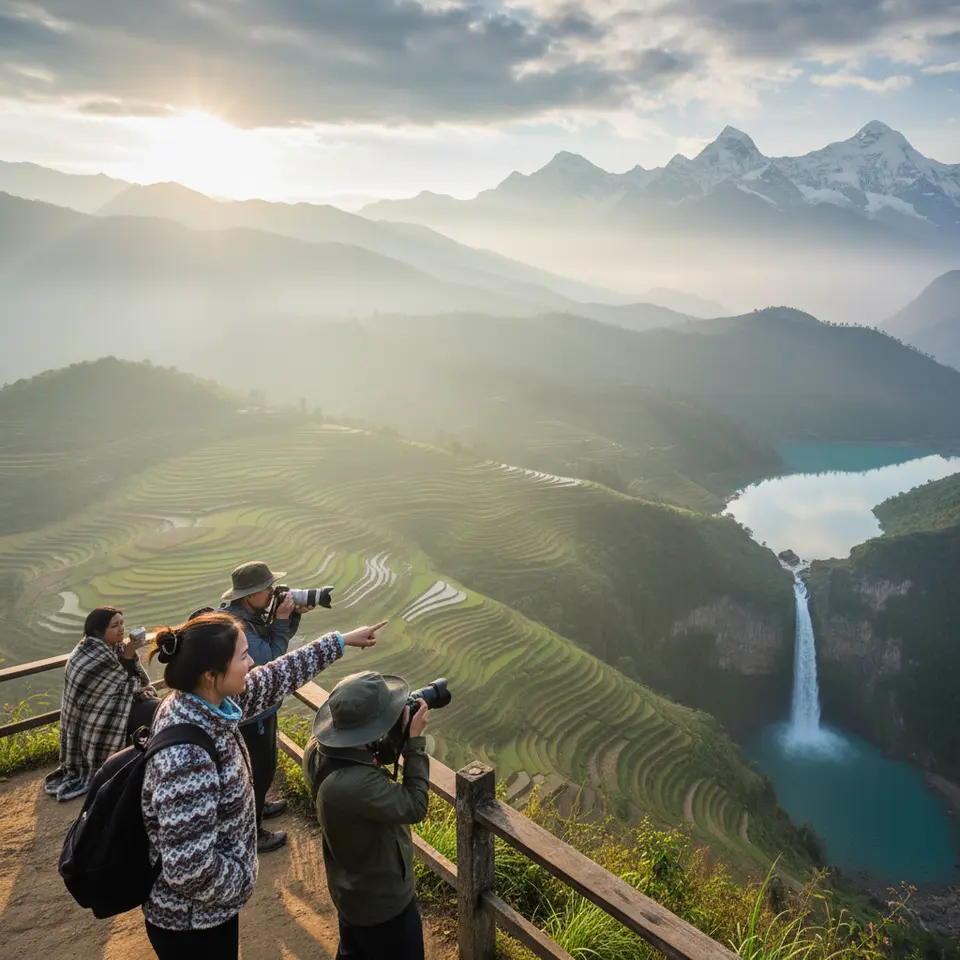 Asia’s secluded marvels: a misty sunrise panorama atop Phu Chi Fa cliff in northern Thailand, with layered mountain ridges, verdant rice terraces featuring the cascading Silver Waterfall in Sapa, and a turquoise Gokyo Lake reflecting snow-capped Himalayan peaks.