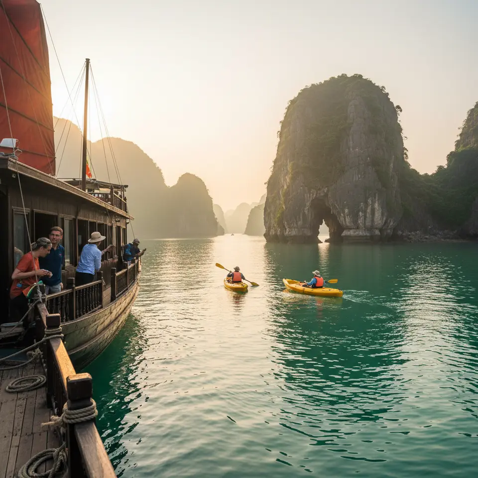 Ha Long Bay’s Limestone Dreams: an overnight wooden junk boat gliding over emerald waters dotted with towering limestone karsts, with kayakers paddling into hidden grottoes and a sunrise painting the misty bay golden