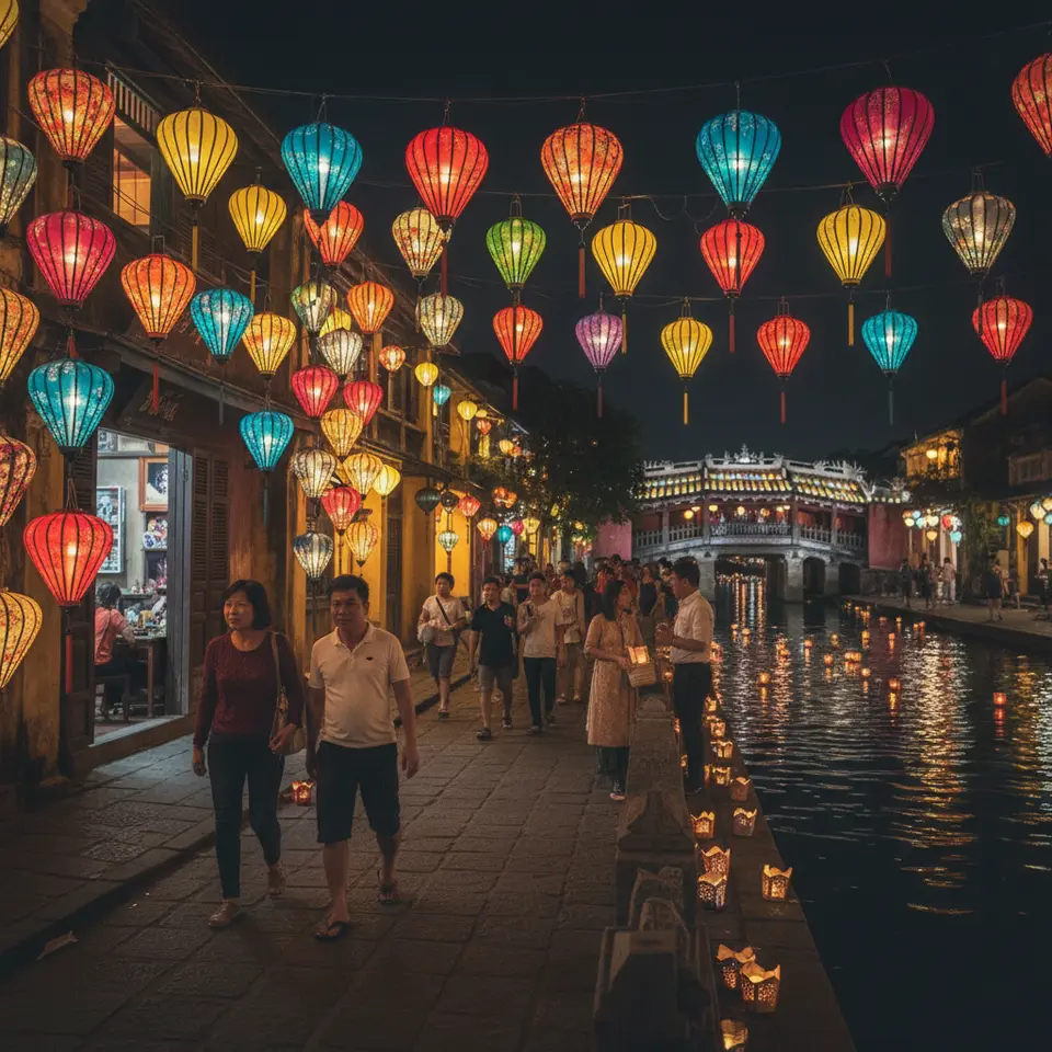 Lantern-Lit Hoi An: narrow, lantern-draped streets of an ancient riverside town, centuries-old Chinese shophouses and the Japanese Covered Bridge aglow at night, while colorful paper lanterns float downstream on the Thu Bồn River during the full-moon festival