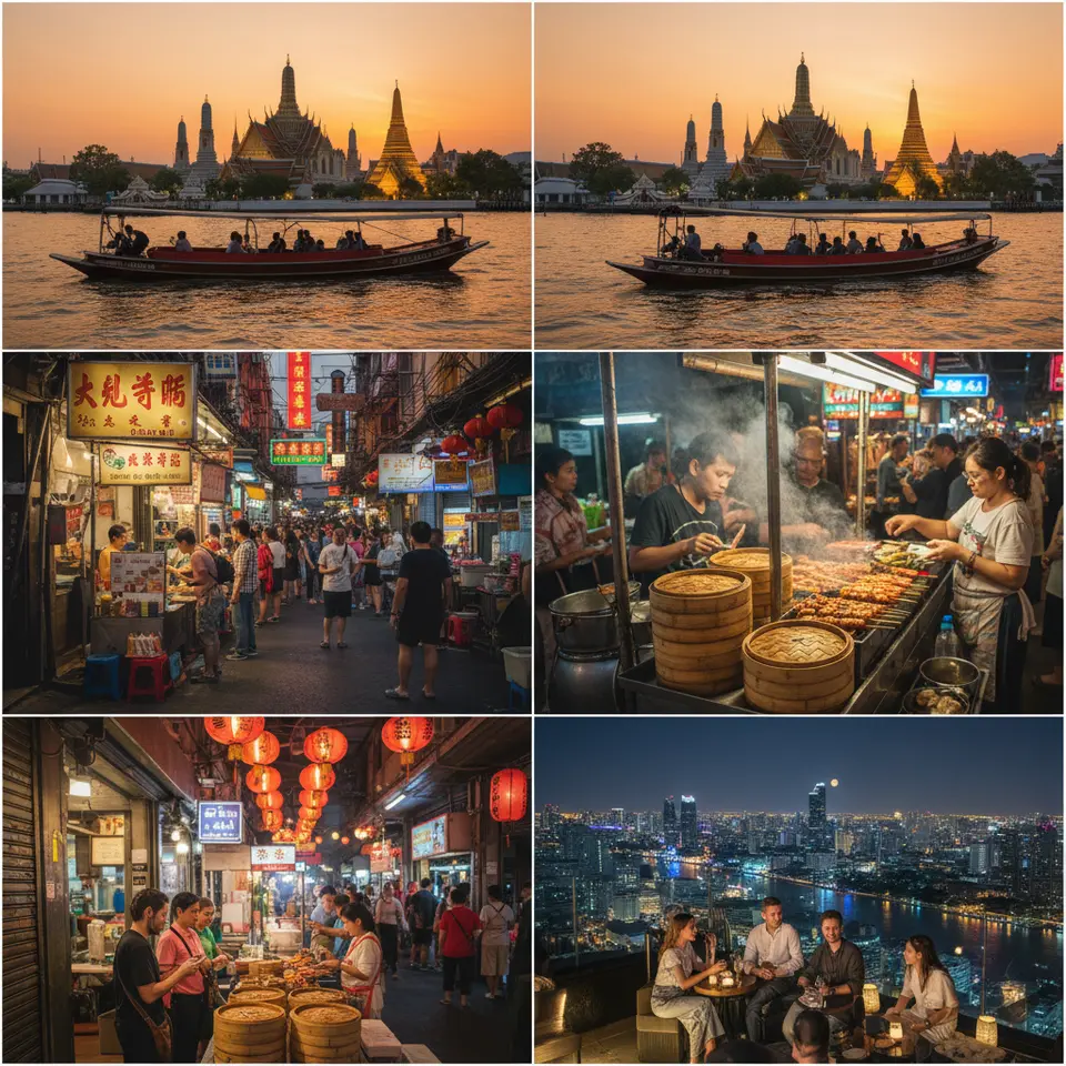 Exploring Bangkok’s Cultural and Culinary Delights: A long-tail boat gliding along the Chao Phraya River at sunset past gilded temple spires of the Grand Palace and Wat Pho, bustling neon-lit street food stalls in Chinatown offering dim sum and grilled seafood, and a rooftop bar terrace overlooking the glittering city skyline at night.