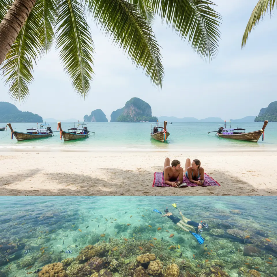 Relaxing on Phuket’s Pristine Beaches: Powder-white sands fringed by swaying palm trees, traditional long-tail fishing boats floating in crystal-clear turquoise waters, dramatic limestone karsts of Phang Nga Bay rising from the emerald sea, and snorkelers drifting above vibrant coral reefs under a bright tropical sky.