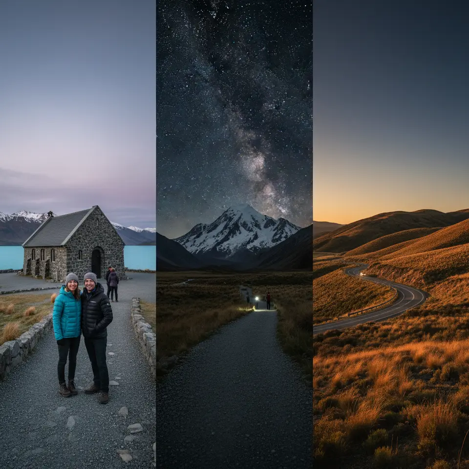 Northern Lakes and Alpine Wonders (Days 1–3): A sweeping alpine panorama featuring Lake Tekapo’s brilliant turquoise waters framed by the stone Church of the Good Shepherd at dusk, the Hooker Valley Track snaking toward snow-capped Aoraki/Mount Cook under a star-filled sky, and a winding high-country road through Lindis Pass with sunset reflections on the surrounding tussock-covered hills.