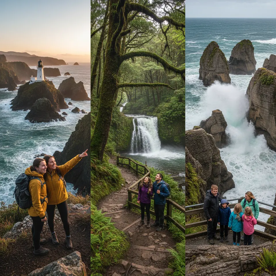 Southern Coastal Routes and Wilderness (Days 9–14): A dramatic coastal montage showing the rugged Catlins shoreline with Nugget Point lighthouse perched on rocky islets at golden hour, dense temperate rainforest leading to McLean Falls, and the layered limestone stacks and blowholes of Punakaiki’s Pancake Rocks as waves crash against the coast.